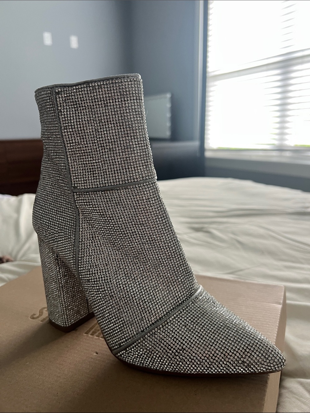 Steve Madden Sparkling Silver Rhinestone Block Heel Ankle Boots